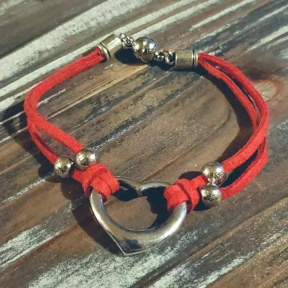Handcrafted Antique Silver Red Vegan Suede Open Heart Magnetic Clasp Bracelet